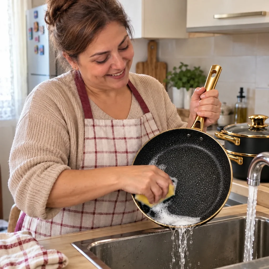 La padella AURELIA™ si lava sotto l’acqua con la spugna morbida, senza raschiare