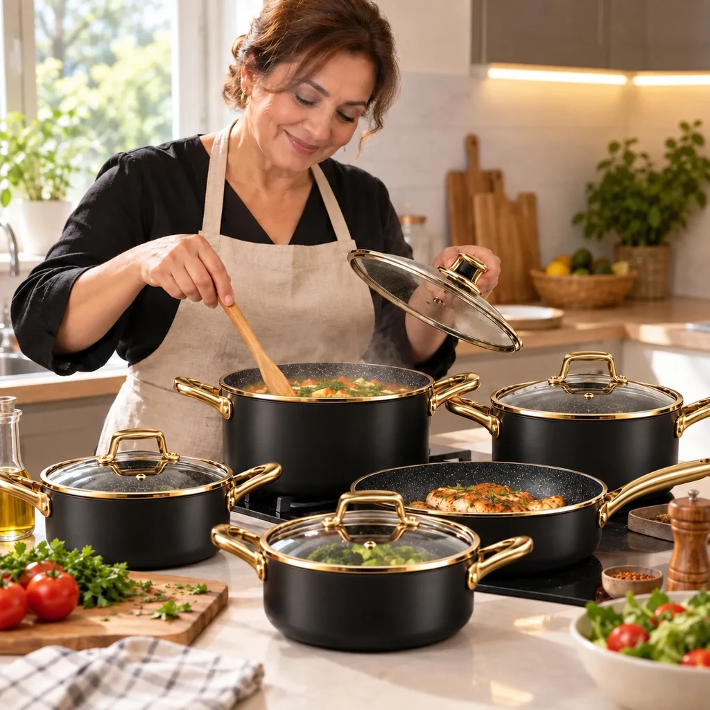 Una donna cucina al piano con la casseruola e la padella AURELIA™