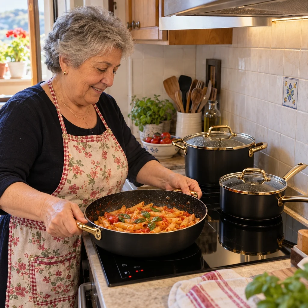 Luigia B. cucina con il tegame AURELIA™ sul piano a induzione